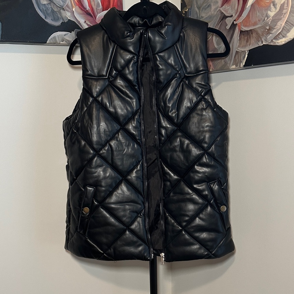 Zenana Faux Leather Black Quilted Vest